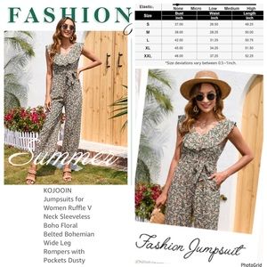 Kojooin 2X plus size green floral jumpsuit belted NWT